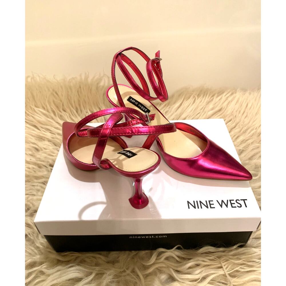 Nine West "Harlowe" 3.5" Heels Bejeweled Ankle-Strap Hot Pink Gold Hardware 7.5M